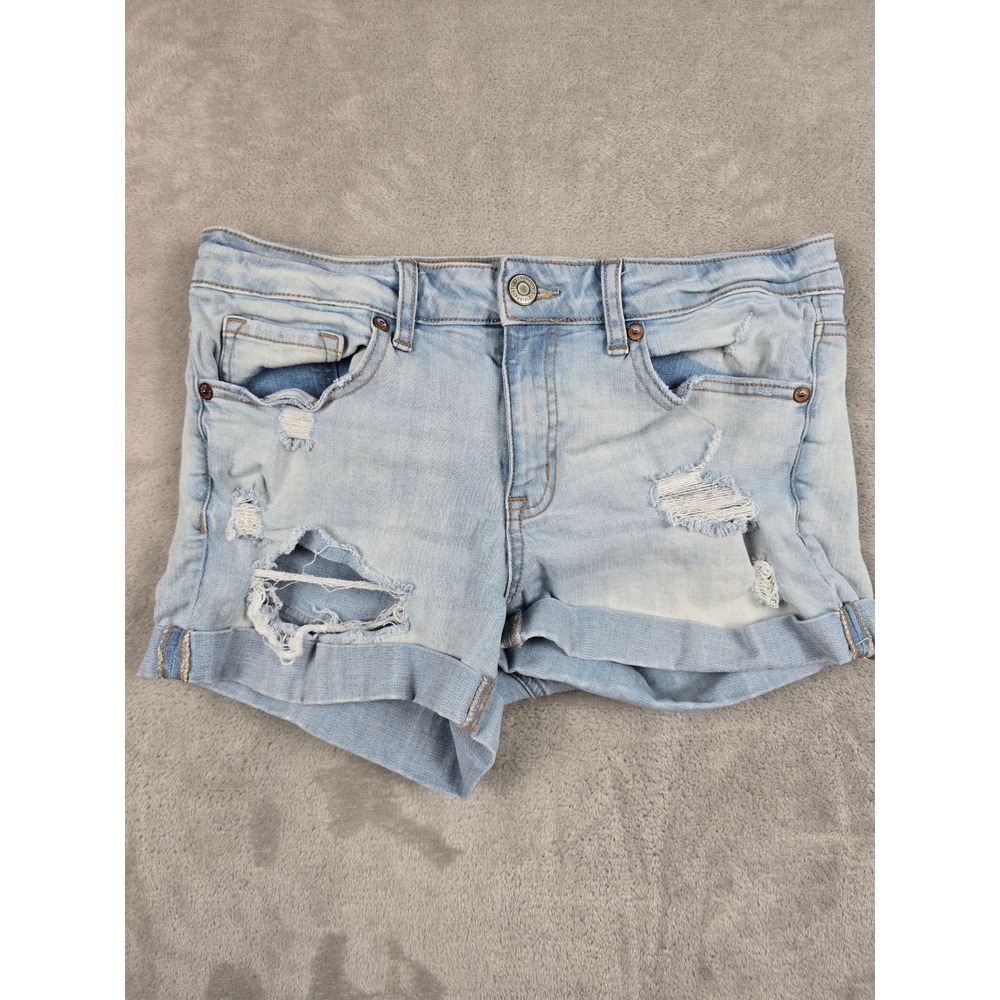 Aeropostale Jean Shorts Womens 10 Blue Distressed Low Rise Midi Cuffed Denim